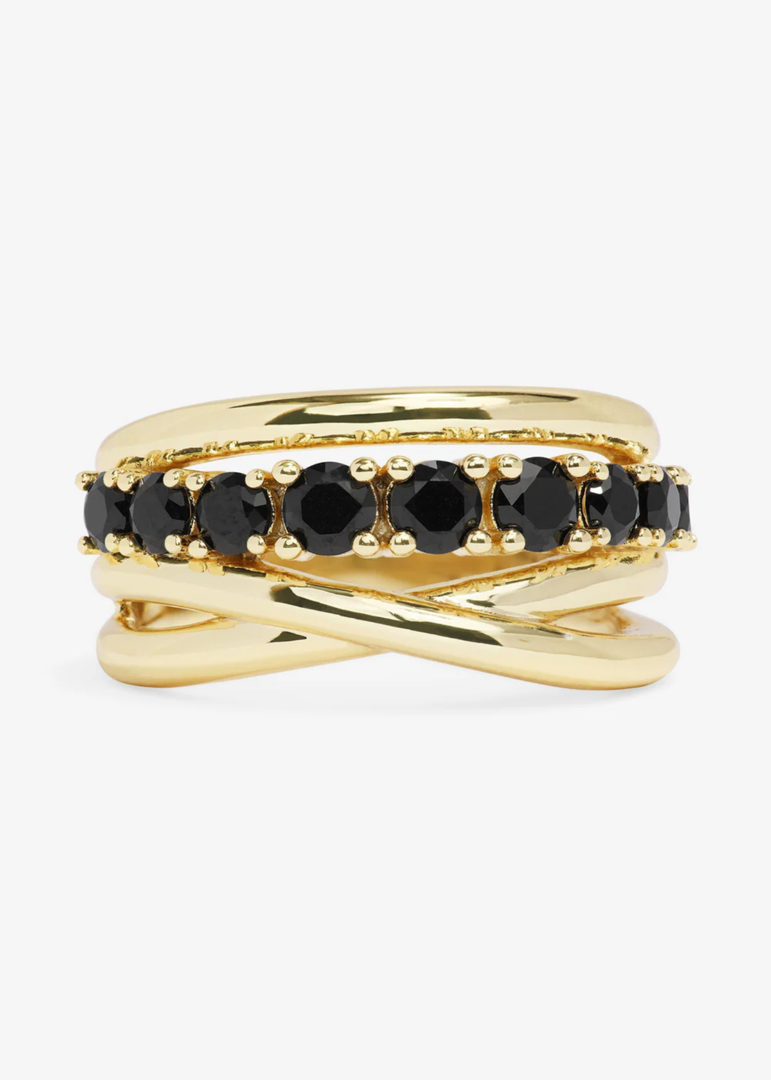 Gold stacked ring with black simulated diamonds against a white background