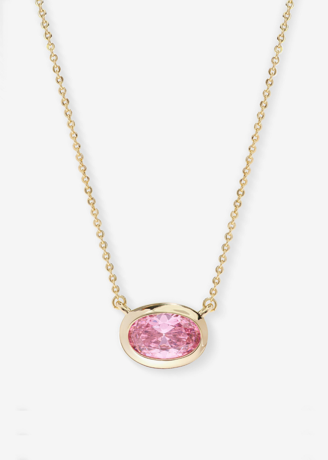 Gold frame necklace with a pink pendant on a white background