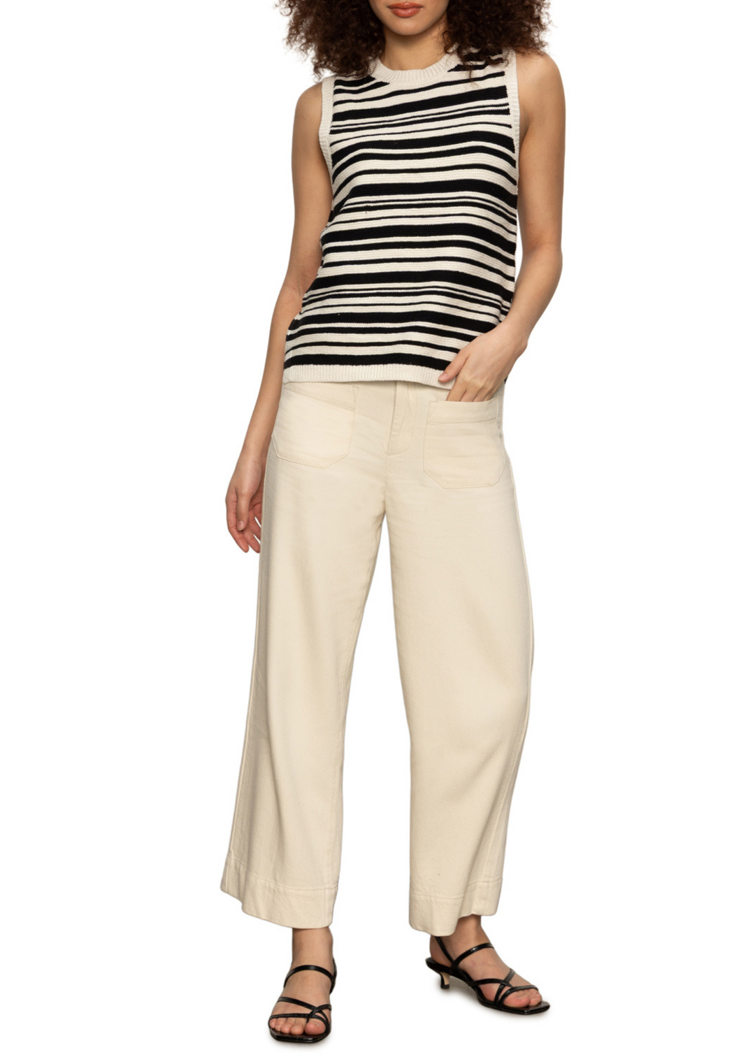 Women's knit tank top with black and white stripes