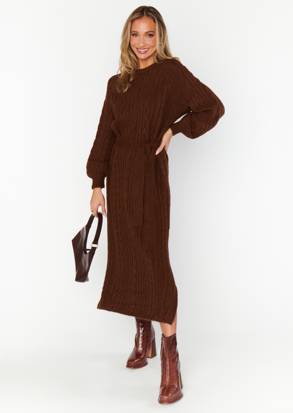 chocolate brown cable knit long sleeve sweater midi dress with waist tie