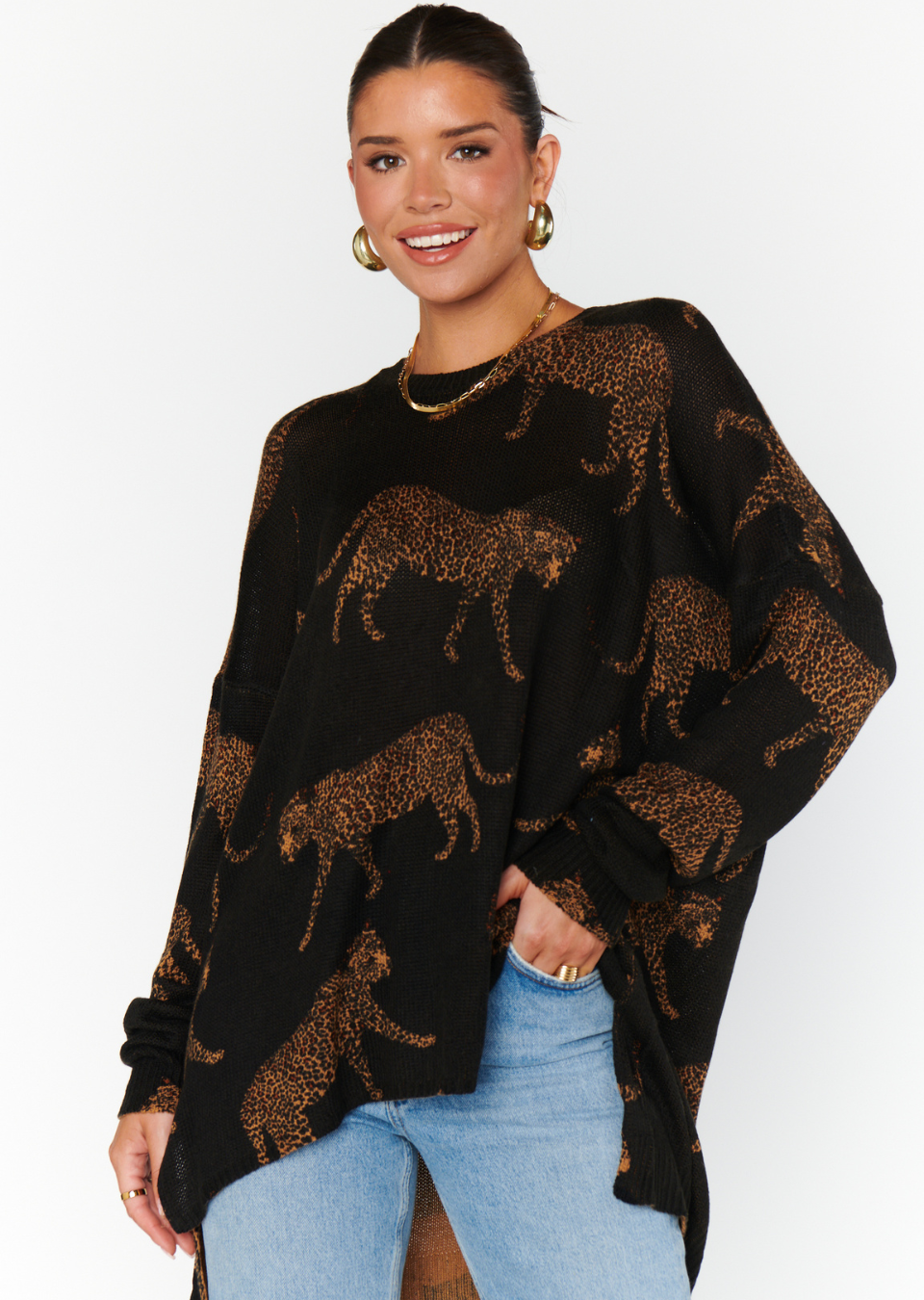 women's black lightweight sweater with cheetahs all over