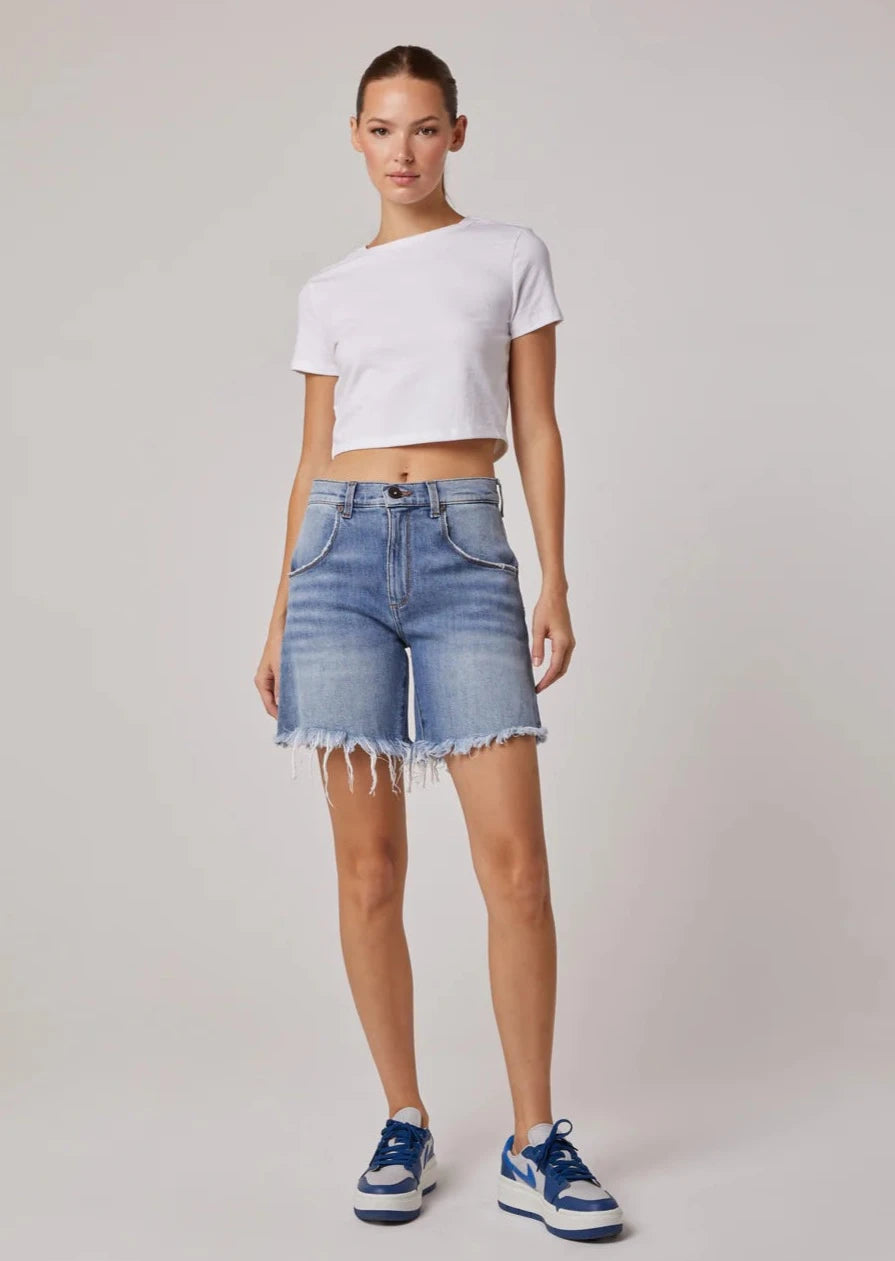 light blue bermuda denim shorts with raw hem