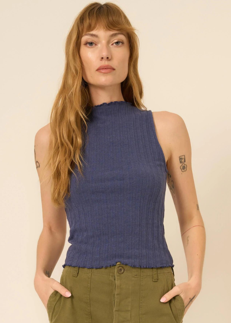 Project Social T Chasing You Funnel Neck Rib Tank in navy, featuring a sleeveless design and ribbed texture.