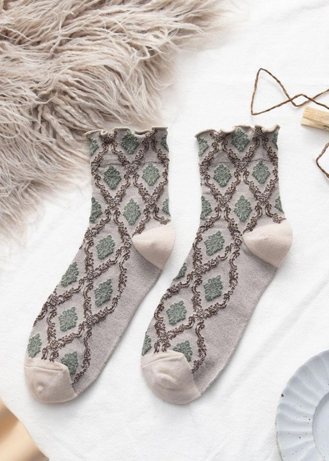 women's khaki, brown, and green argyle ruffle hem crew socks