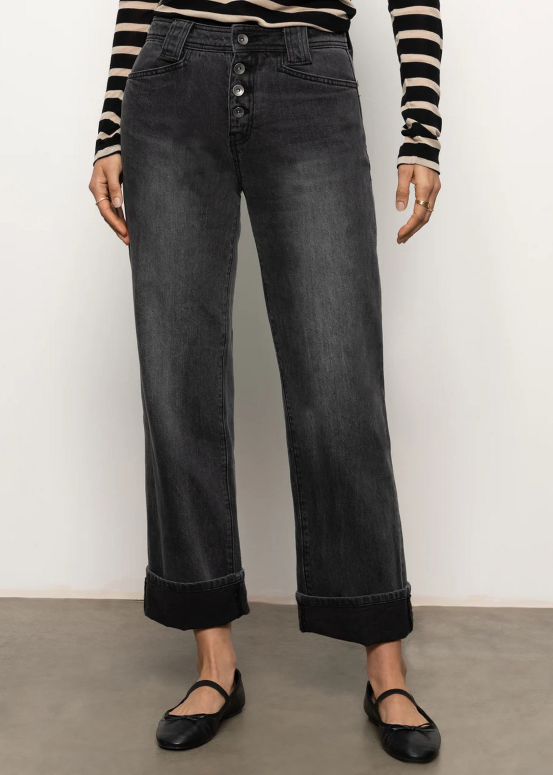 wasted black wide leg cuffed dent, jeans with button fly