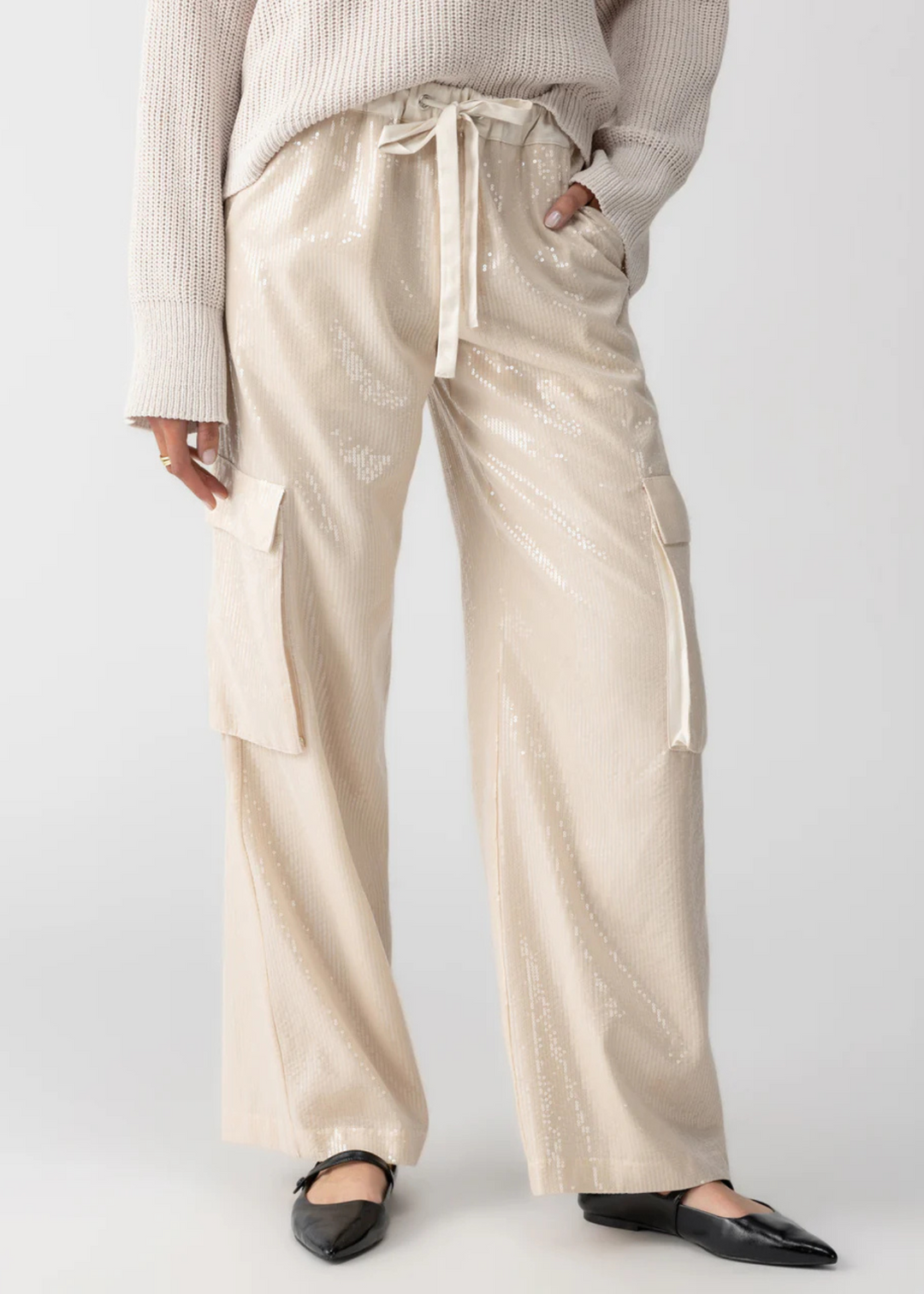 Sanctuary Clothing Pu--On Sequin Cargo Pant in Frosted Almond