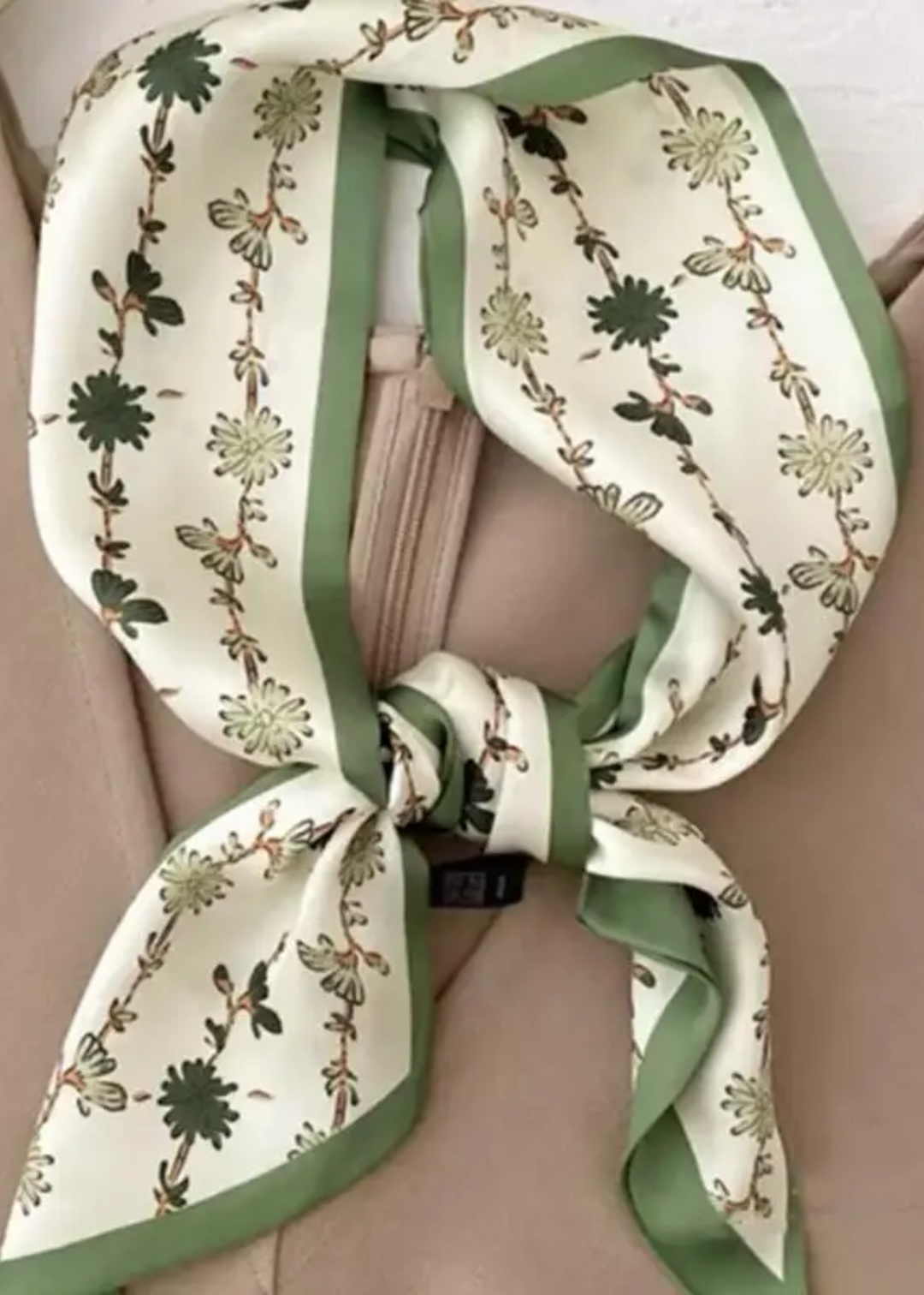 Green and white floral satin scarf