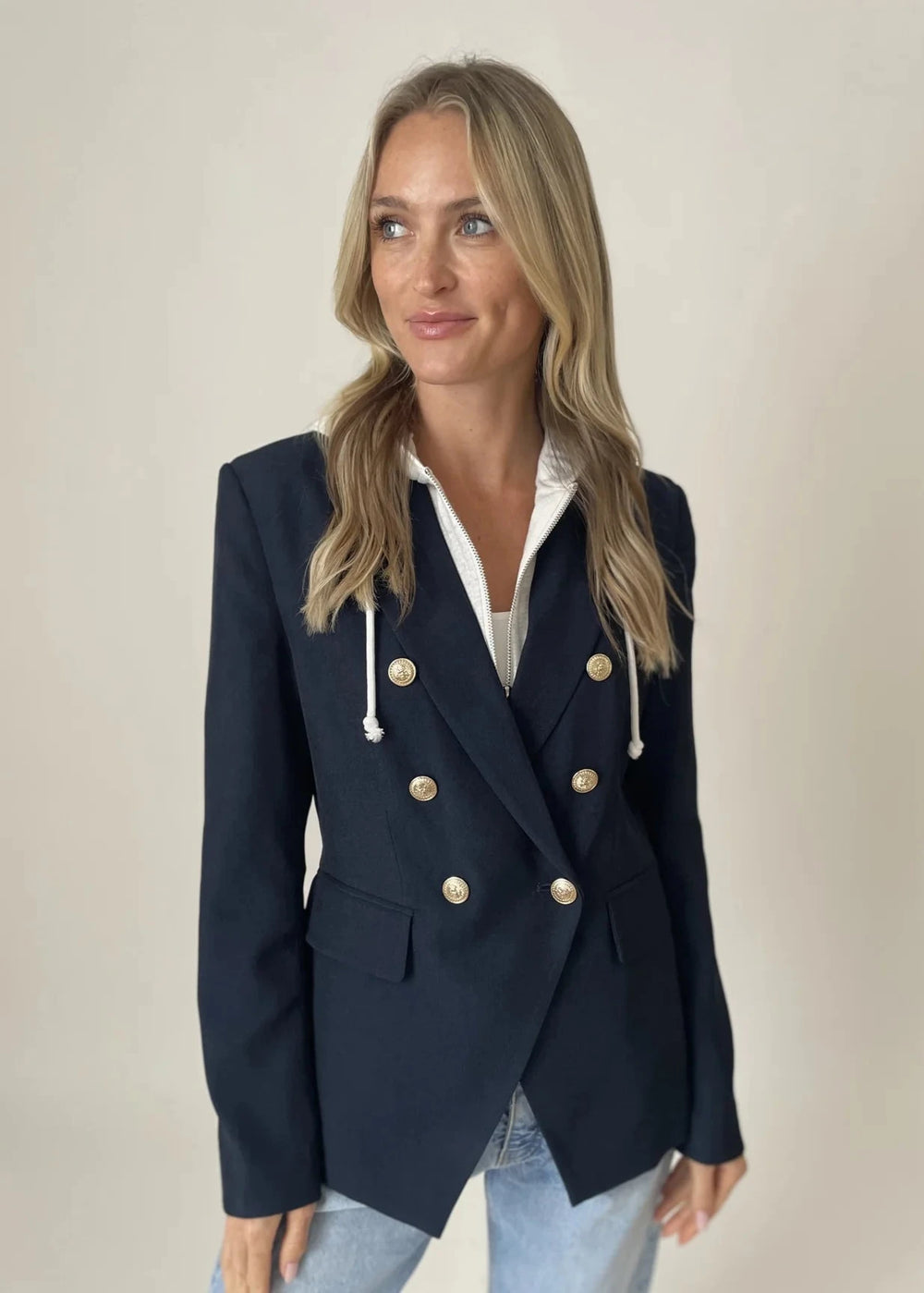 Navy Blue Double Breasted Blazer with Heather Hoodie Insert