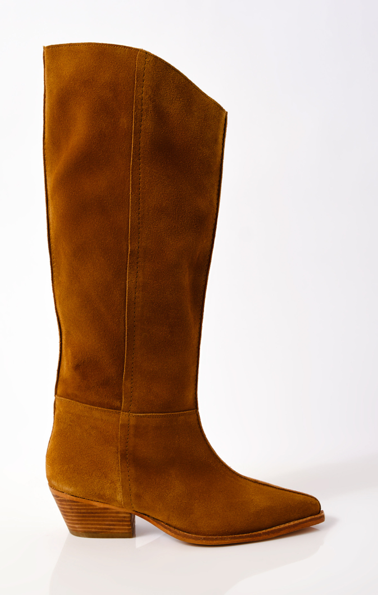 brown caramel suede mid calf boots with wood heeled soles