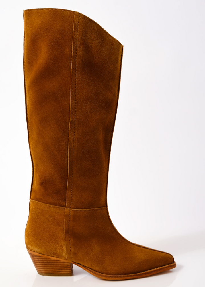 brown caramel suede mid calf boots with wood heeled soles