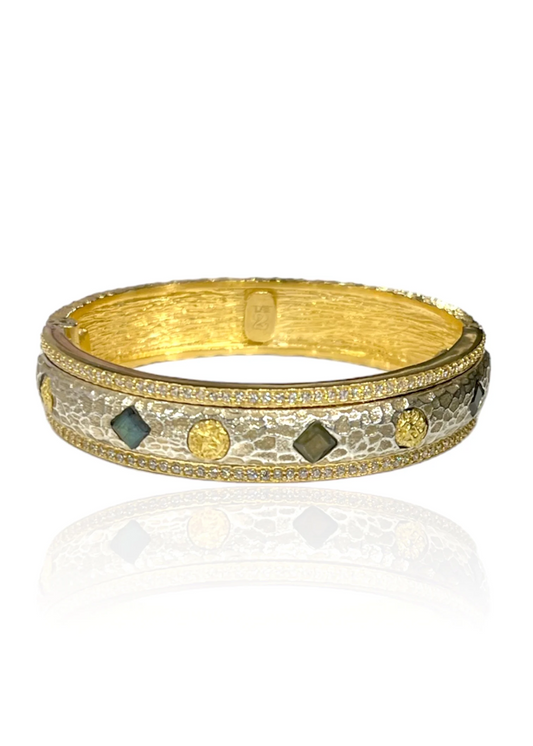 Brushed Gold and hammered silver bangle bracelet with labrodorite and yellow cubic zirconia jewels around