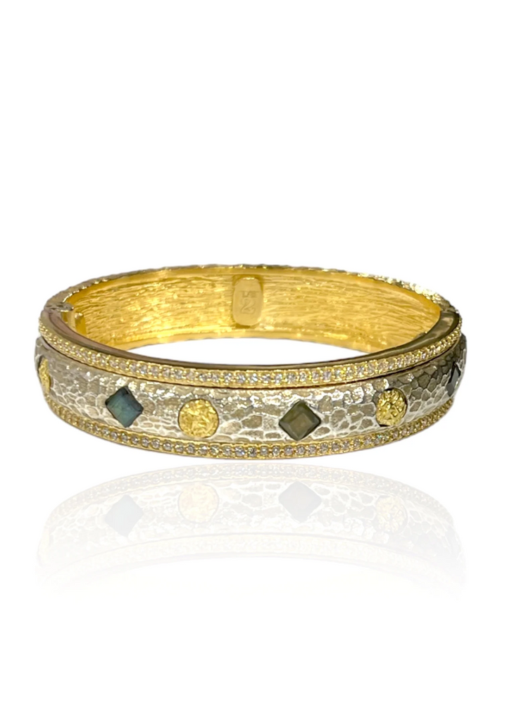 Brushed Gold and hammered silver bangle bracelet with labrodorite and yellow cubic zirconia jewels around