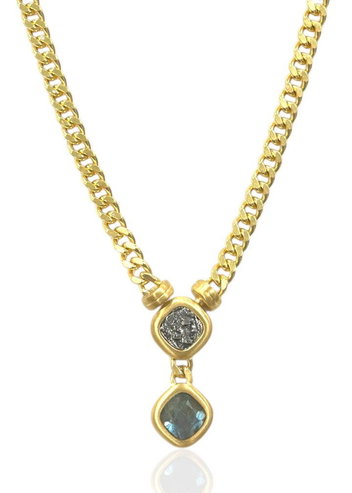 Gold chain necklace with a coin and labradorite pendant on a white background