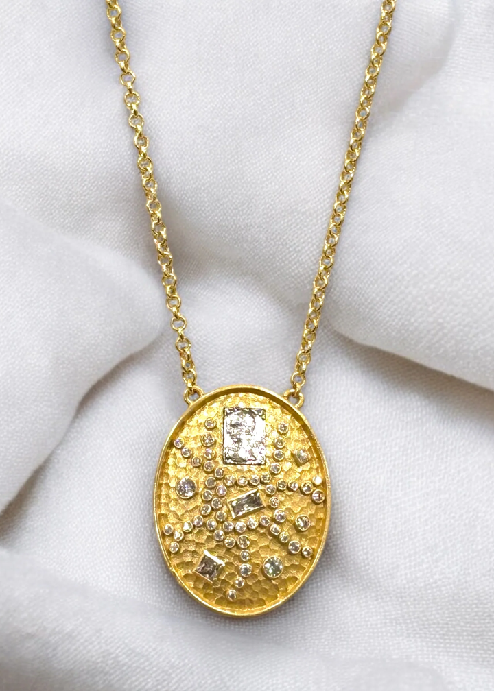 Gold pendant necklace with CZ and vintage silver accents