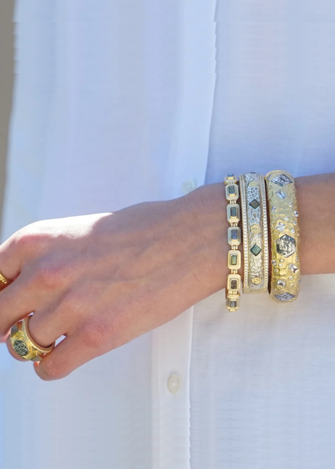 Tat2 Designs Gold & Satin Silver Labradorite Mota Coin Bangle