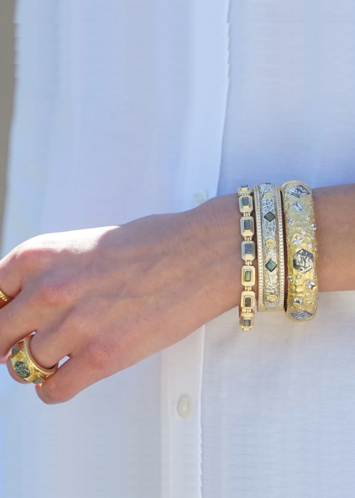 Tat2 Designs Gold & Satin Silver Labradorite Mota Coin Bangle