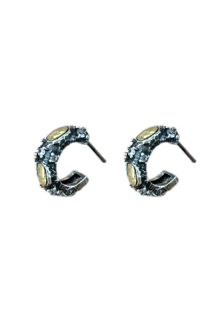 Women's vintage silver mini hoops with gold coin and CZ accents