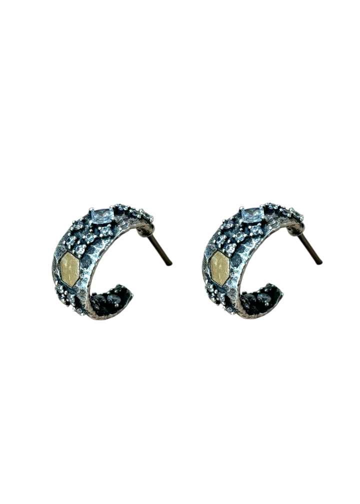 Women's vintage silver mini hoop earrings with gold coin and CZ accents