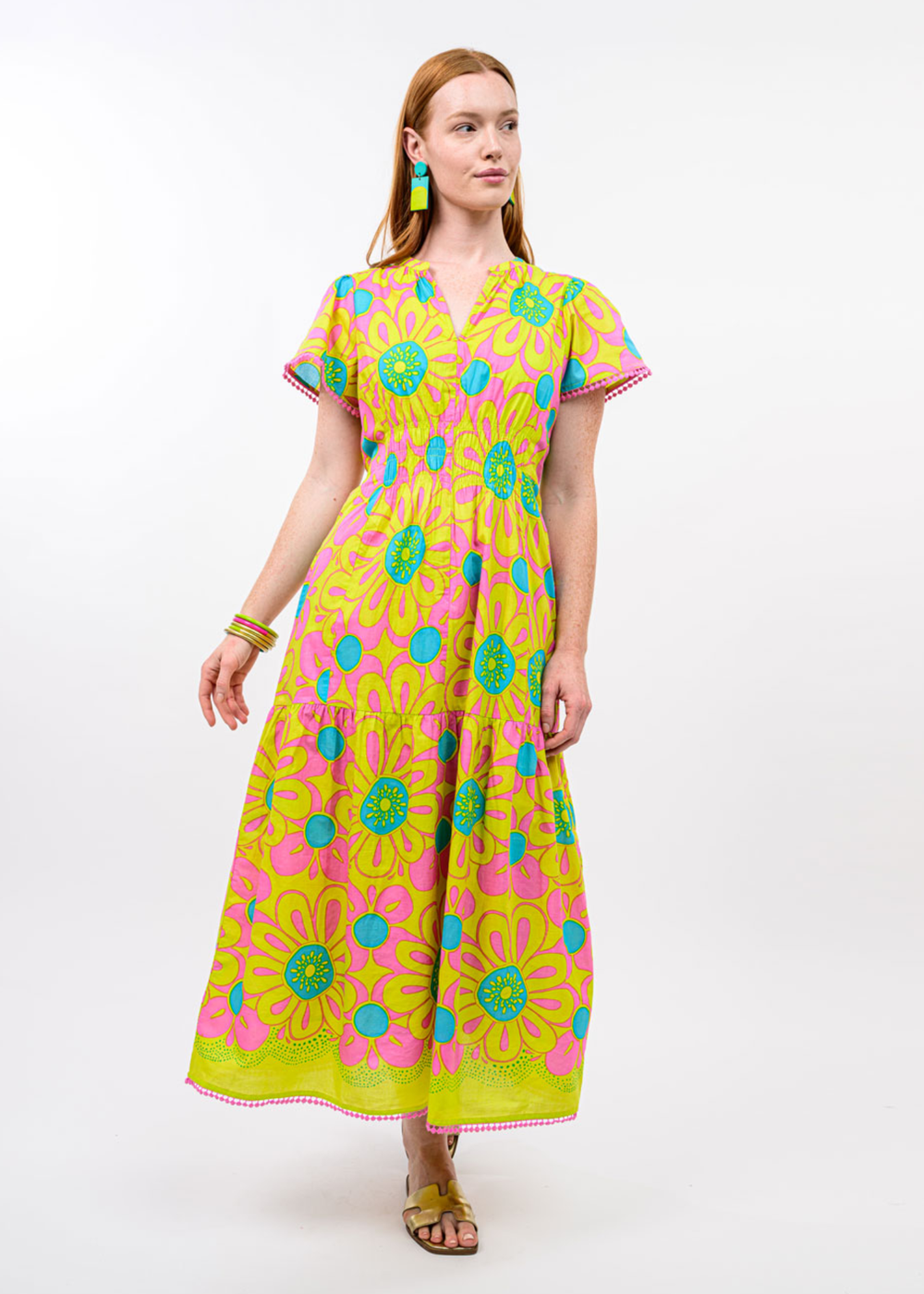 Woman wearing a yellow, pink, and blue floral print midi dress