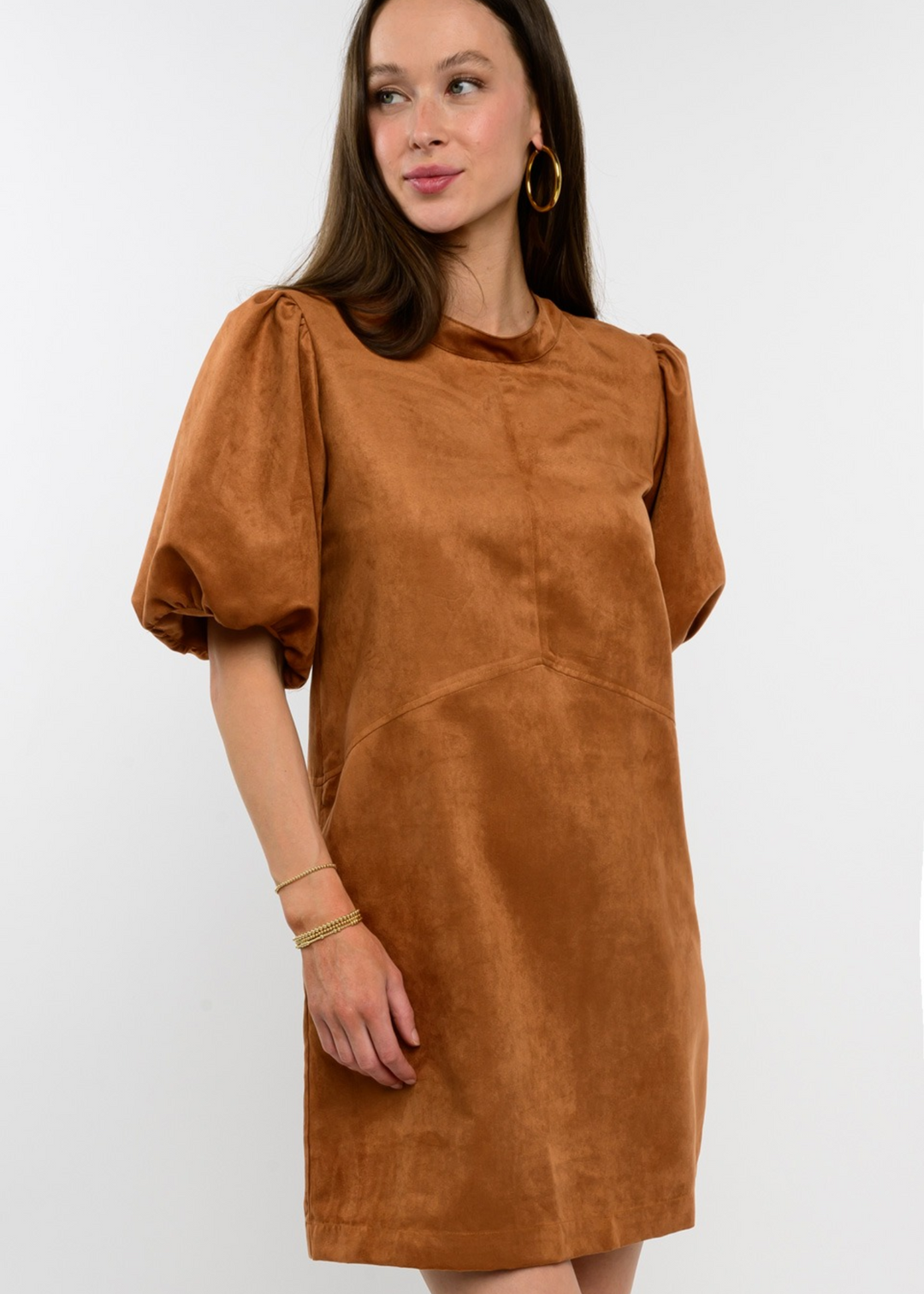 Marigold Puff Sleeve Mini Dress in camel