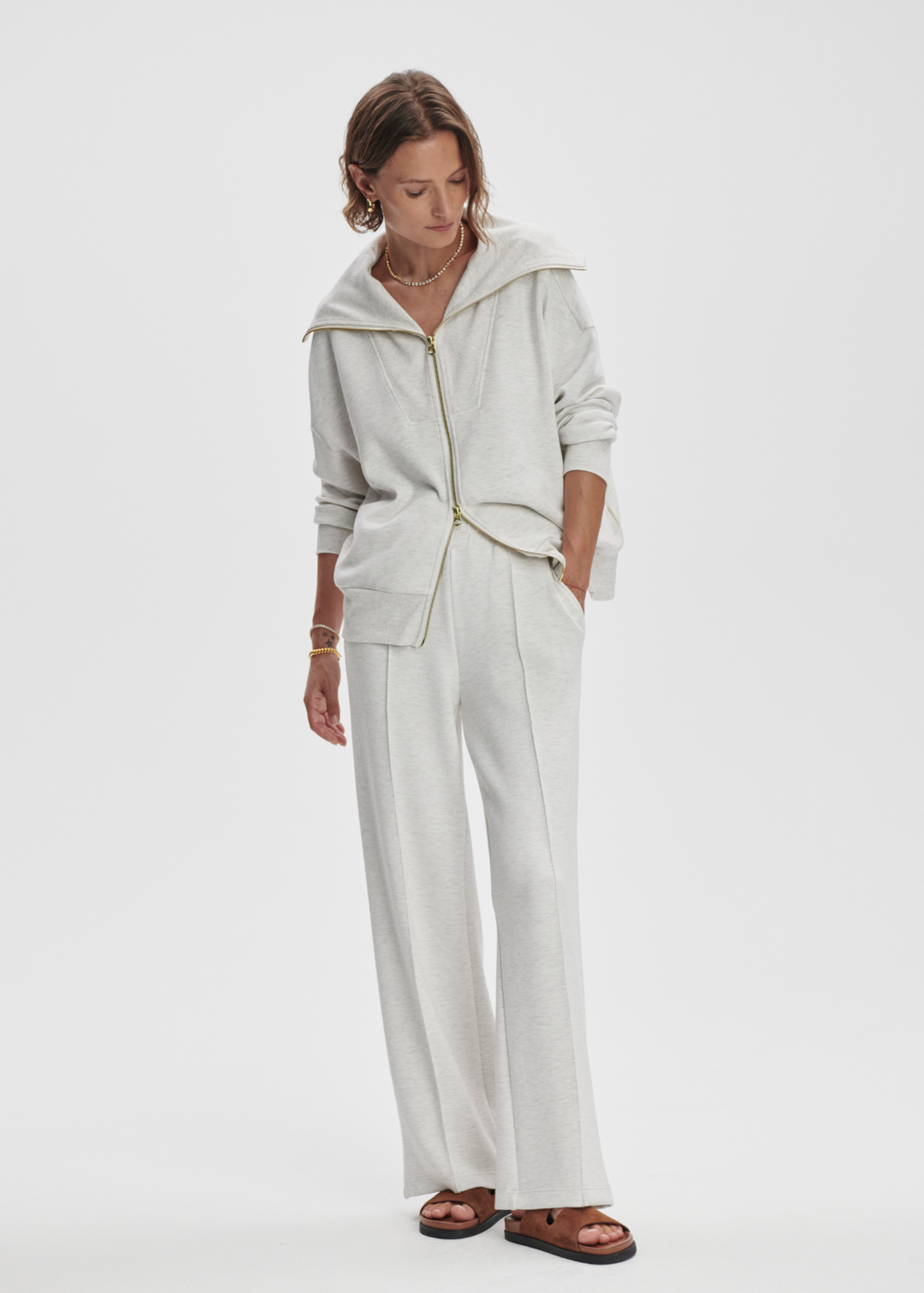 Varley The Wide Leg Pant in Ivory Marl