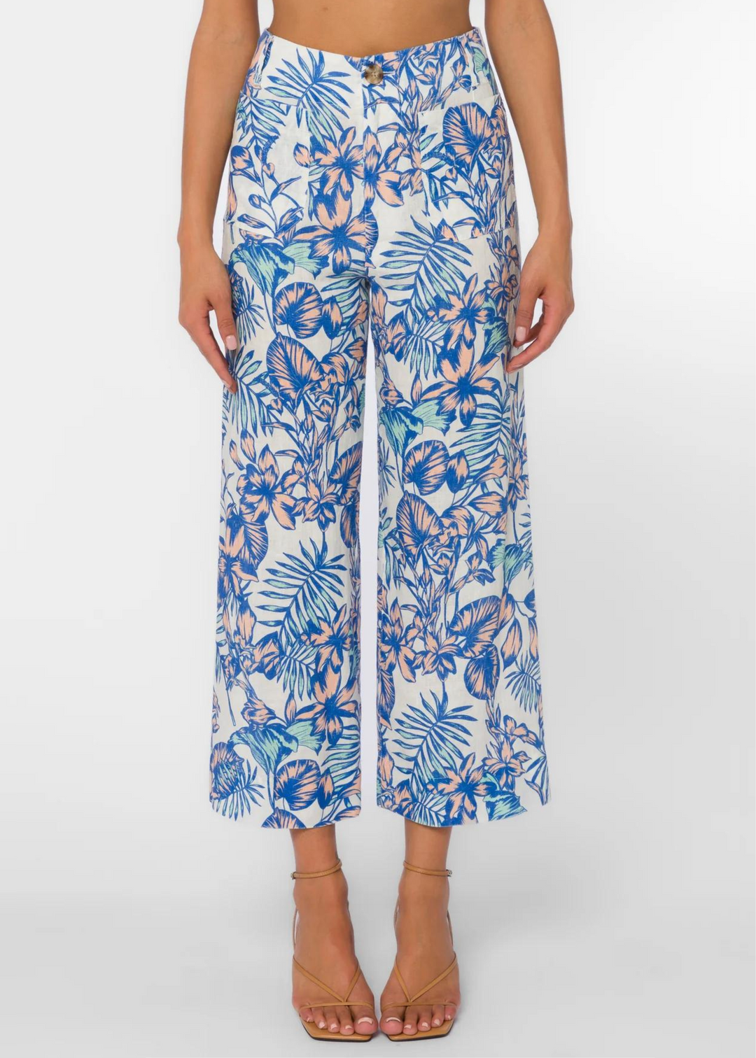 blue and pink floral elastic waistband wide leg crop pants