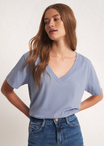 light blue v neck girlfriend style short sleeve tee shirt 