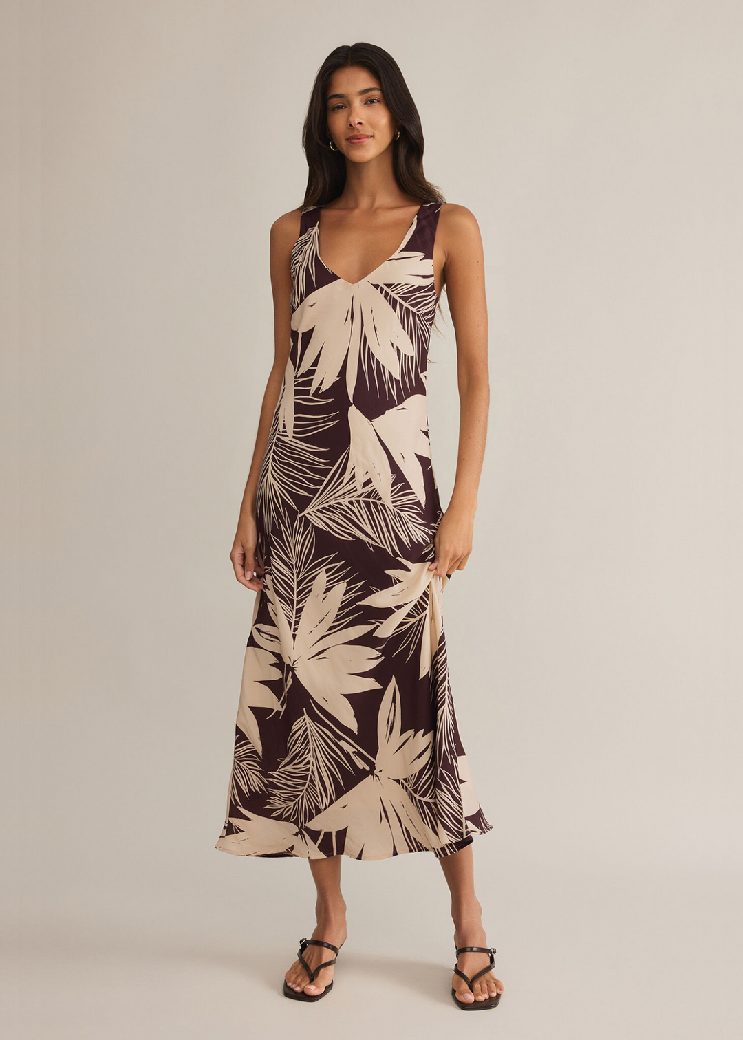 Z Supply brown and tan palm print v-neck tank maxi slip dress