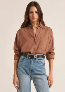 mocha brown linen collared button down long sleeve shirt