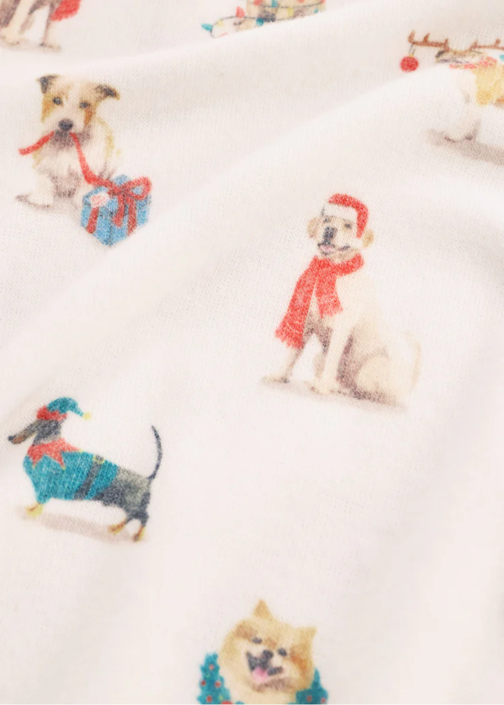 Close up of a fabric Christmas dog pattern