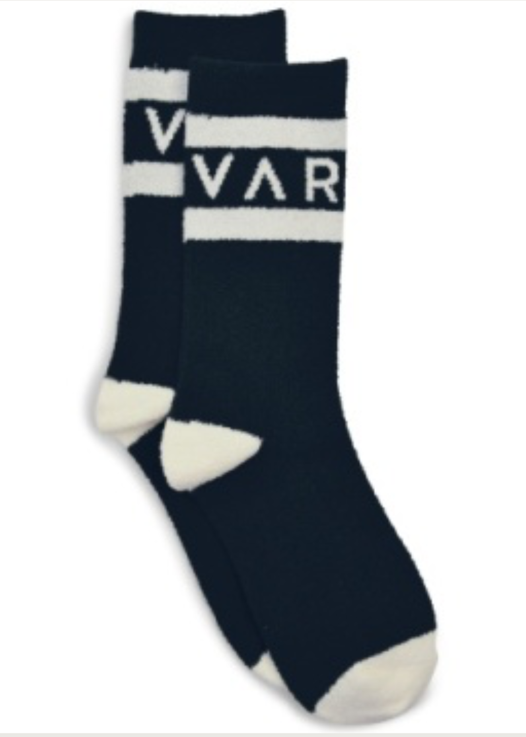 A pair of navy blue crew socks with white stripes and the brand name 'VAR' knitted in white on the cuff, shown against a plain white background.
