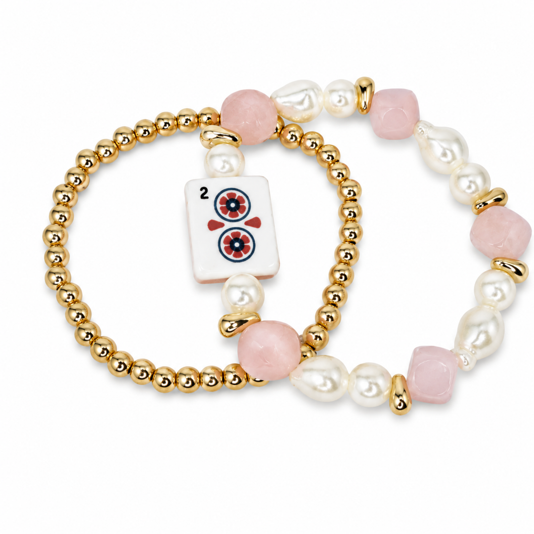 Mahjong Tile Beaded Bracelet, 2-Piece Set - Lucky Pink