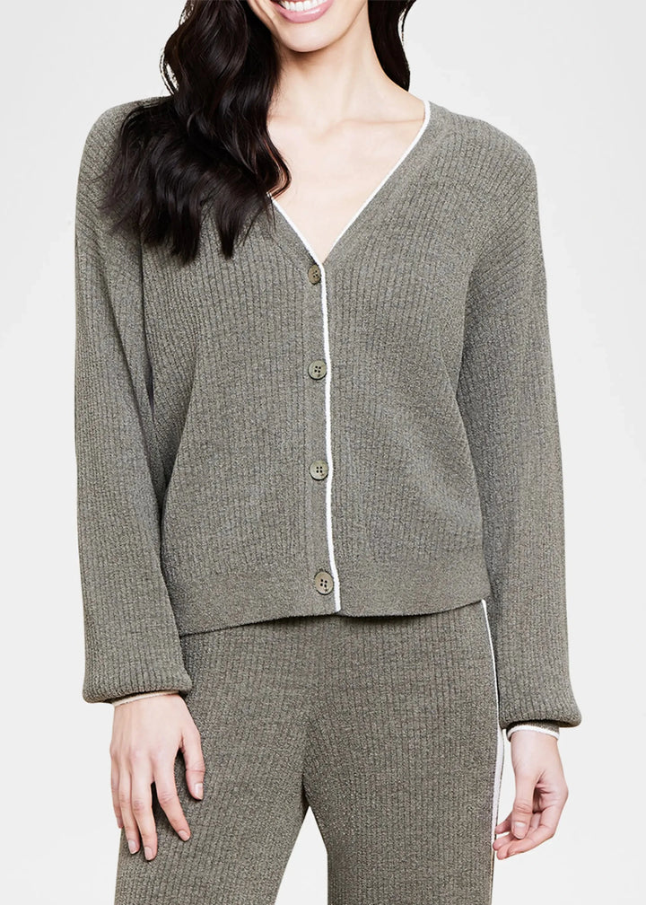 washed olive green ribbed cozychic ultra lite cardigan with pearl trim details