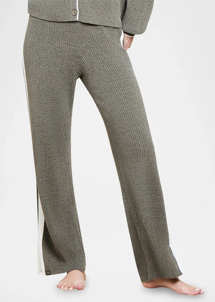 Barefoot Dreams Cozychic Ultra Lite Contrast Ribbed Slit Pants in olive branch pearl, featuring a cozy ribbed texture and stylish side slits for added comfort.