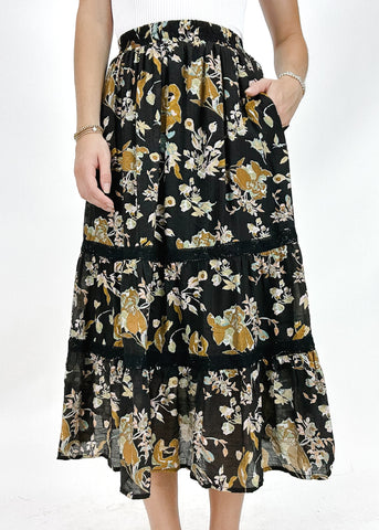 black and gold floral elastic waistband midi skirt with lace details
