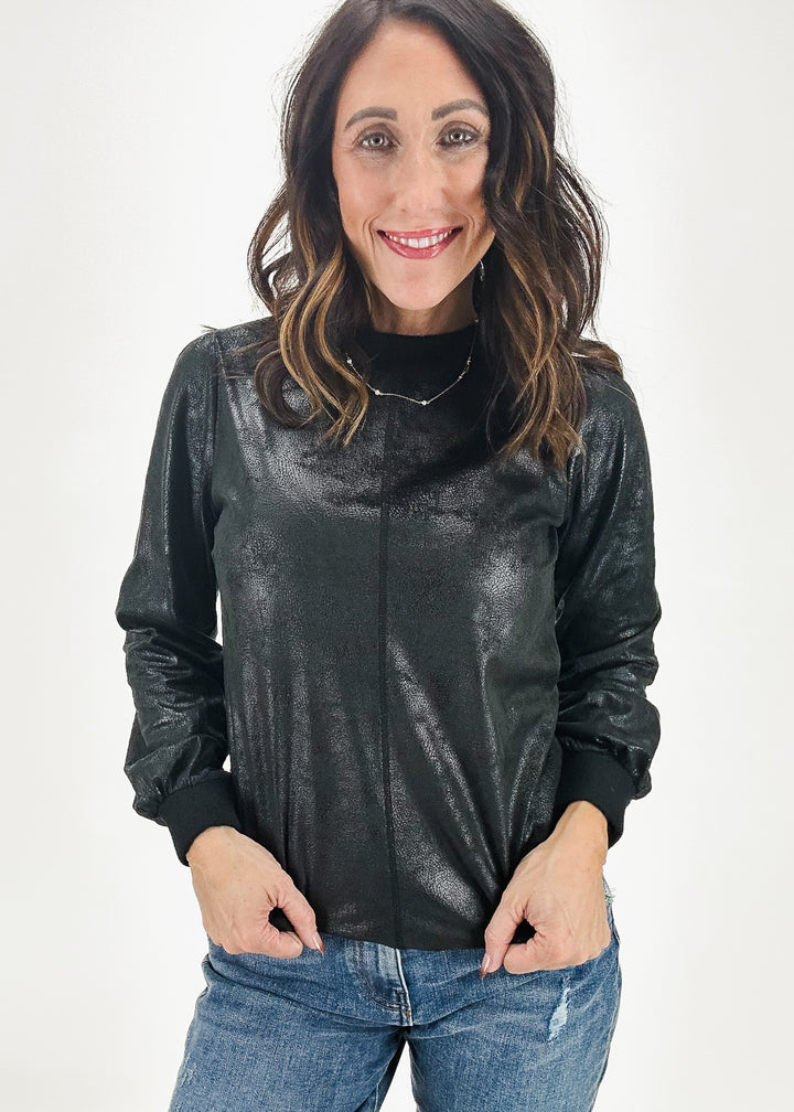 black metallic crew neck long sleeve women's top