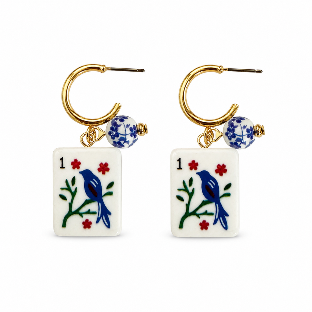 Mahjong Tile Charm Hoop Earrings - Blue Bird