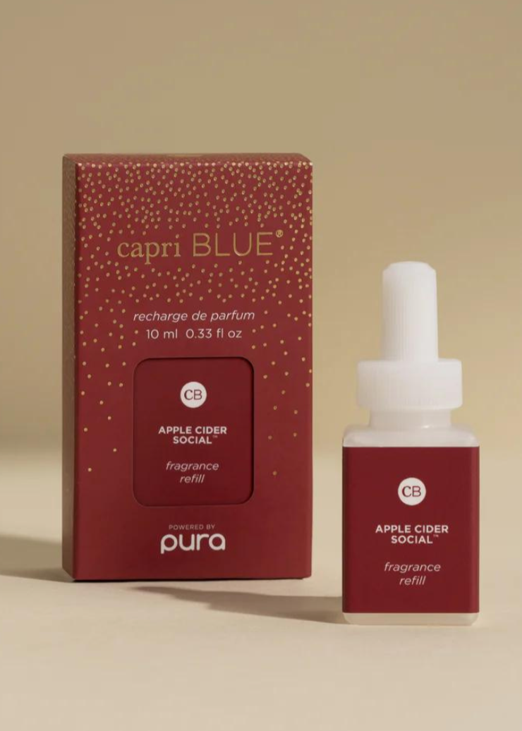 Capri Blue Pura Diffuser Refill in Apple Cider Social scent, featuring a cozy apple fragrance refill bottle and packaging.