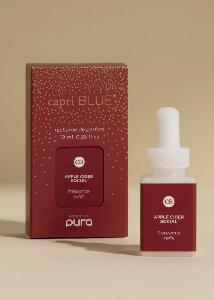 Capri Blue Pura Diffuser Refill in Apple Cider Social scent, featuring a cozy apple fragrance refill bottle and packaging.