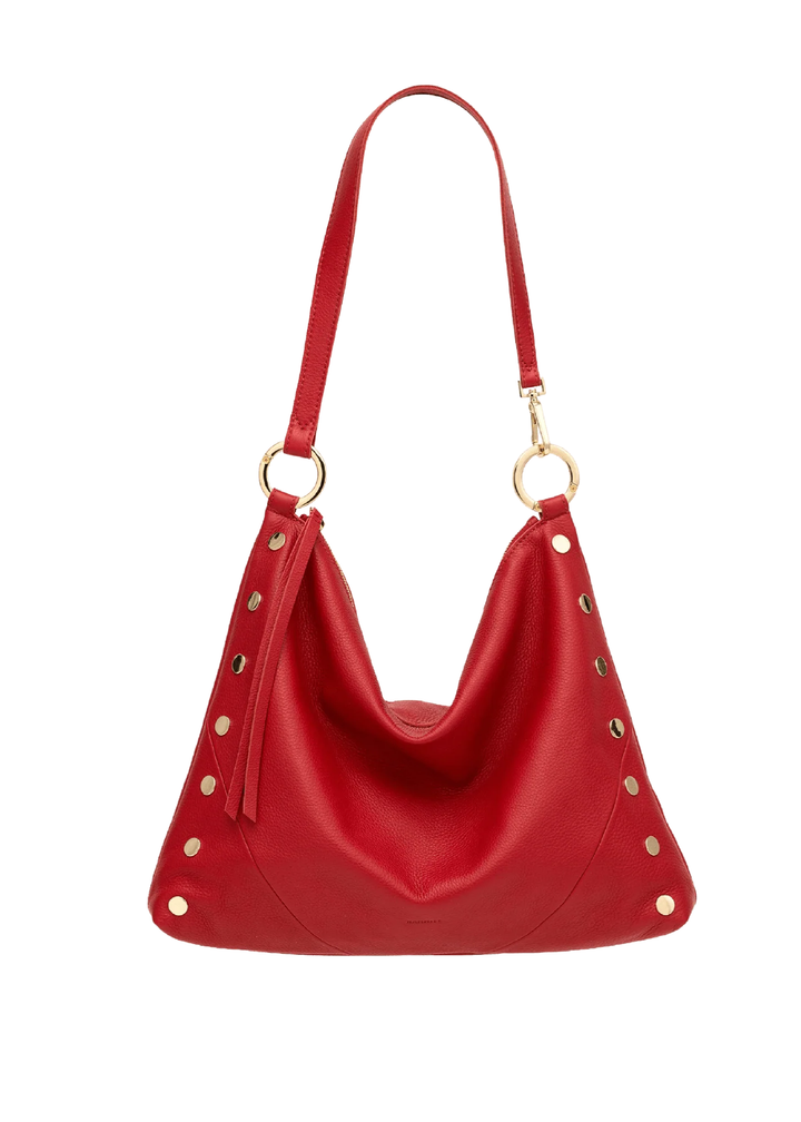 Red handbag with the handle up. 