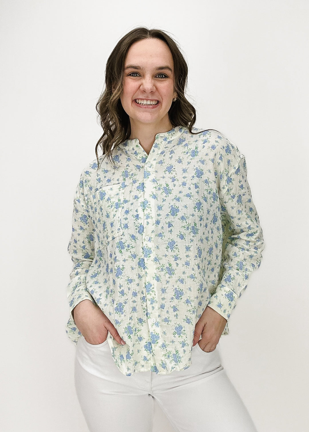 cream and blue floral print lightweight collarless button down