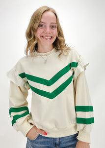 cream crew neck sweatshirt with green retro stripes and sleeve ruffles