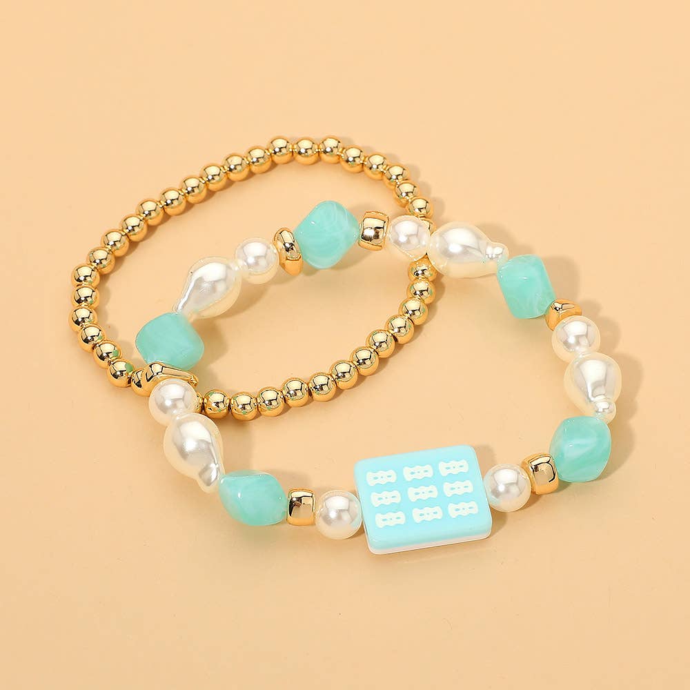 Mahjong Tile Pearl Beaded Multi Layered Bracelets - Gold,Mint