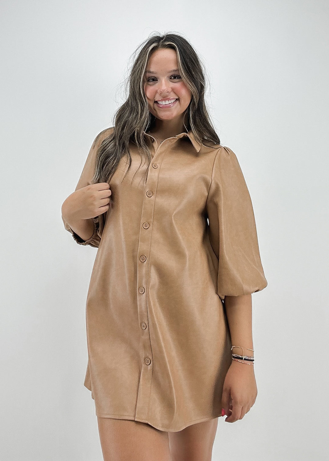 camel faux leather collared puff sleeve button front mini dress