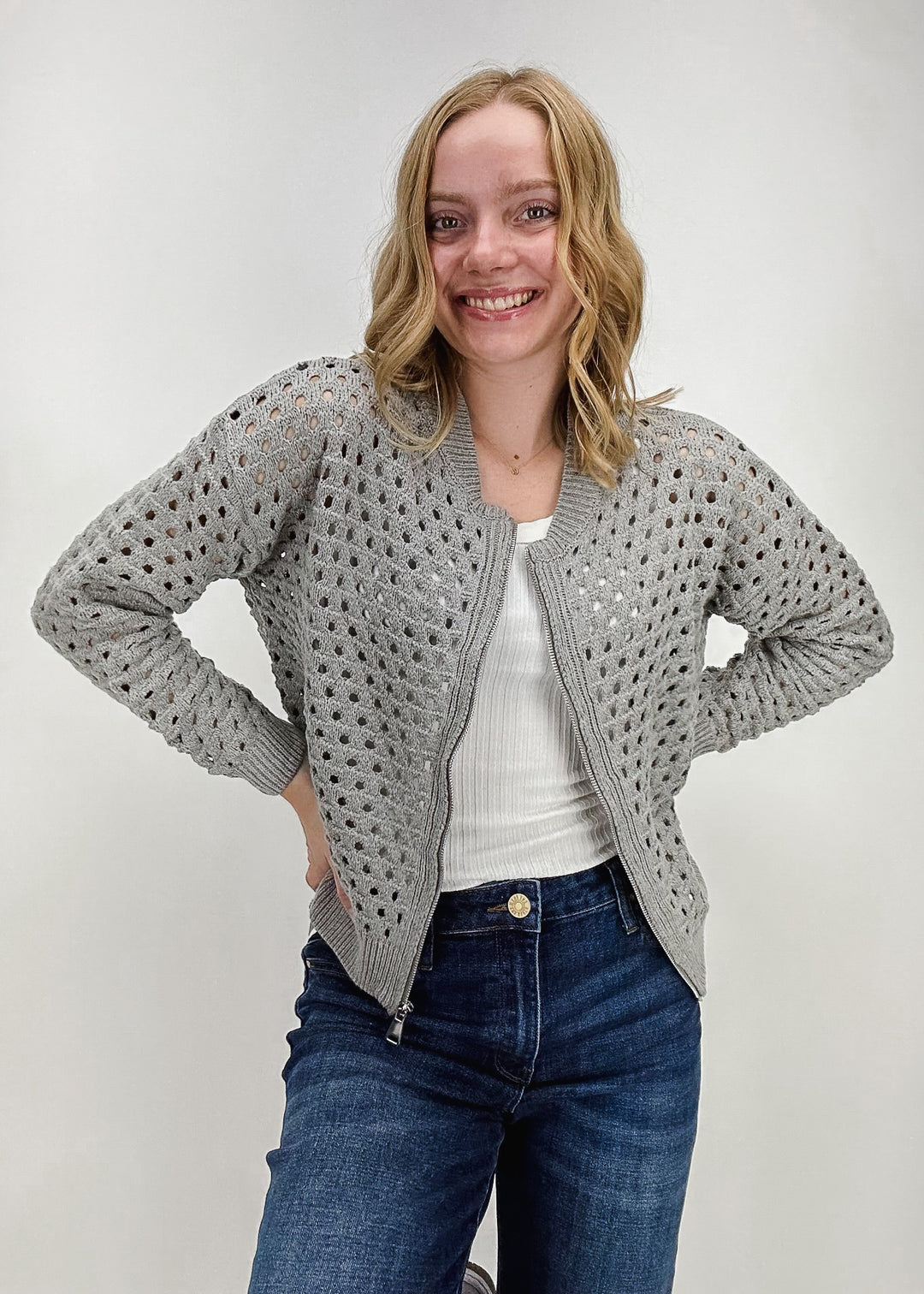 women's light grey knit bomber jacket