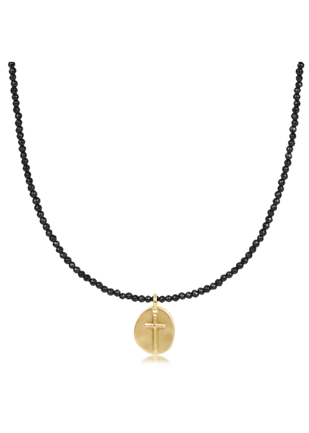 Grey beaded necklace with a small round gold cross charm on a white background