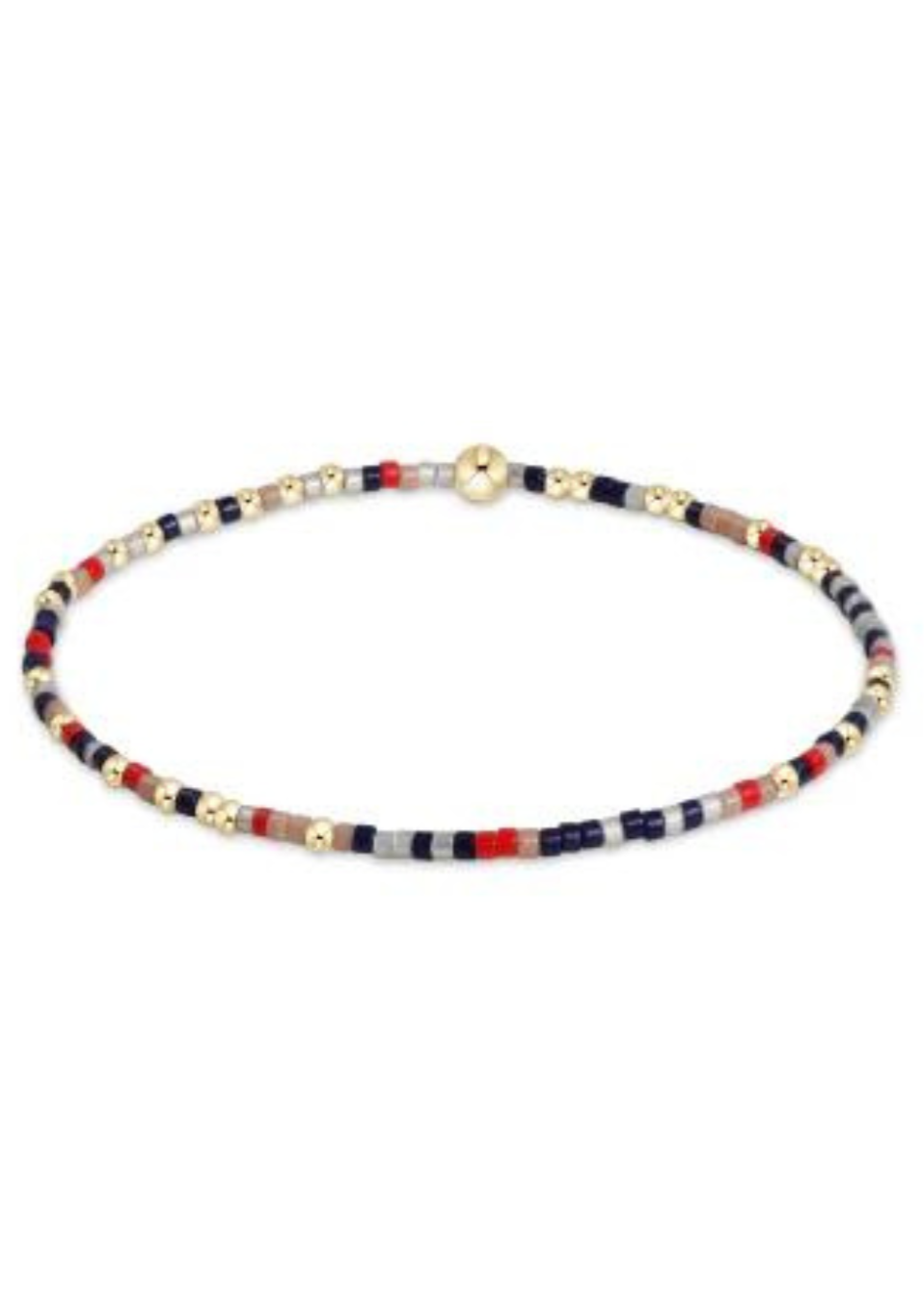 enewton Design Hope Unwritten Stretch Bracelet in Apple Bottom Jenas, featuring a blend of navy, red, taupe, and silver beads with gold accents