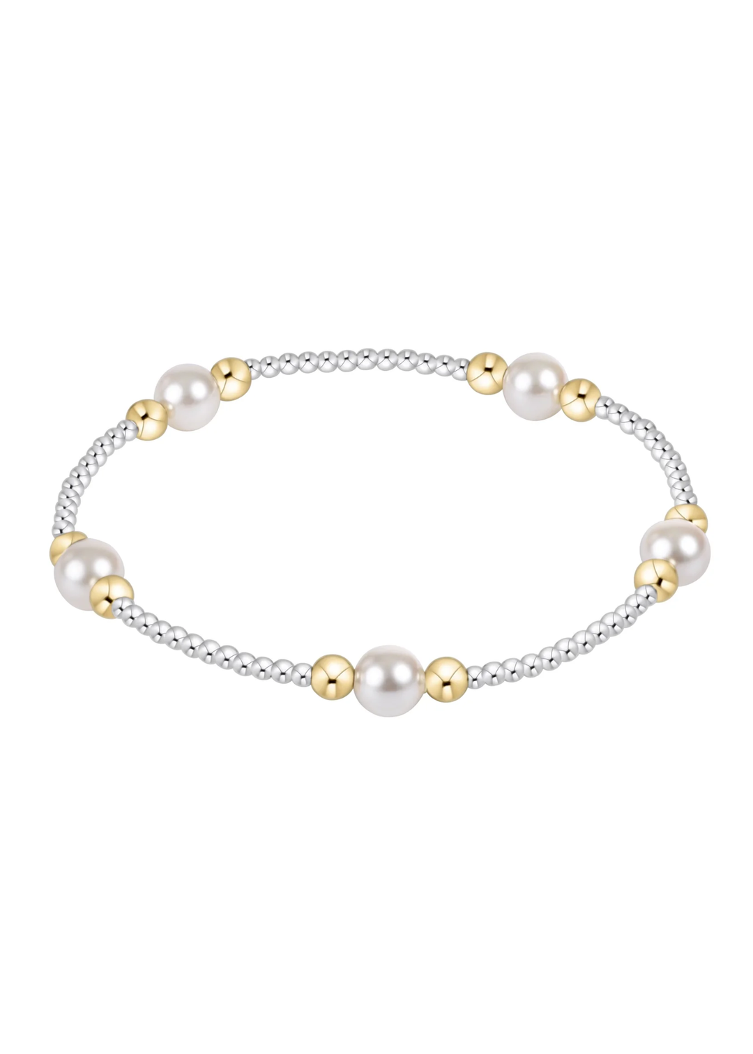 Mixed metal and pearl beaded bracelet on a white background