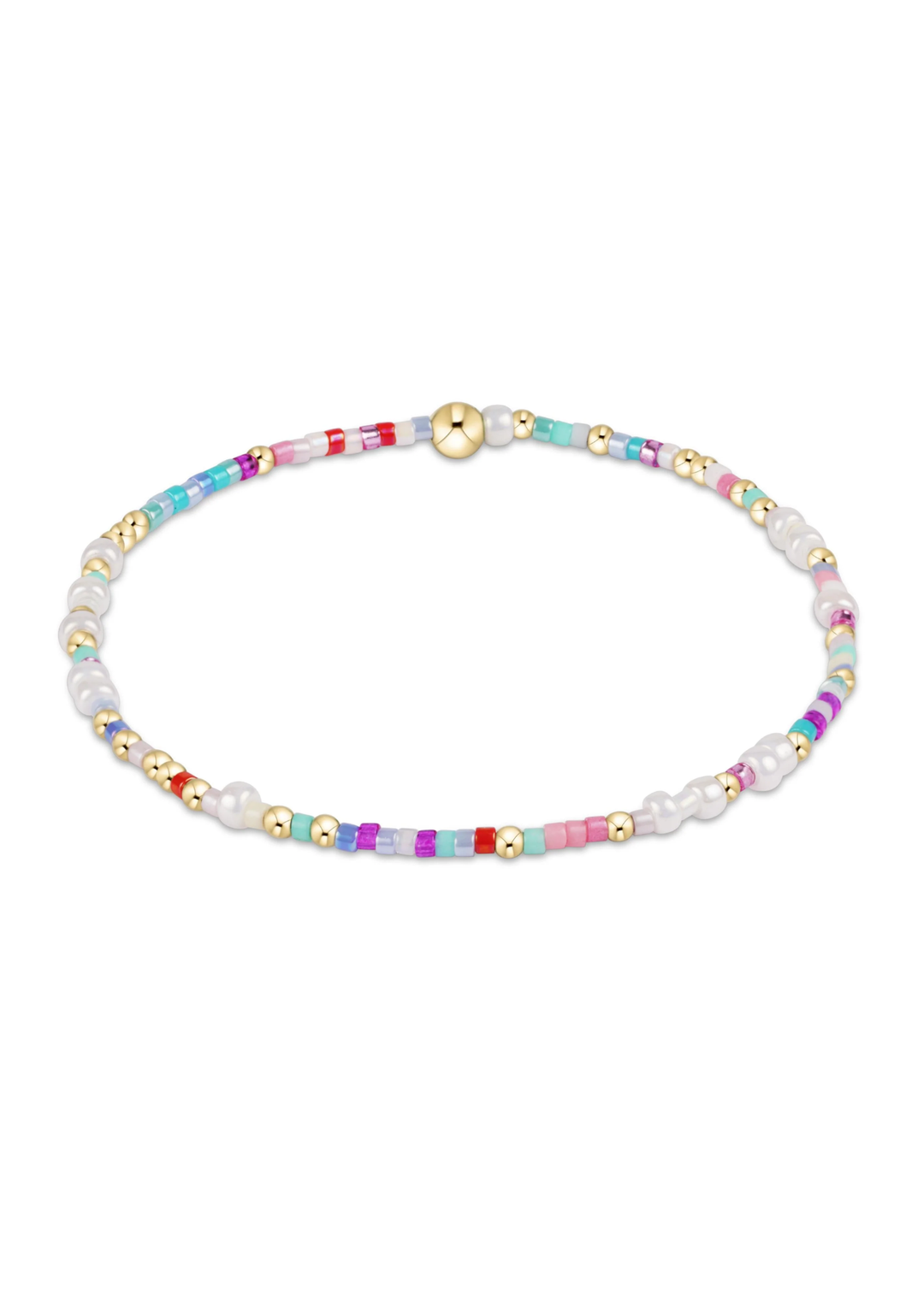 Gold and multicolor beaded bracelet on a white background