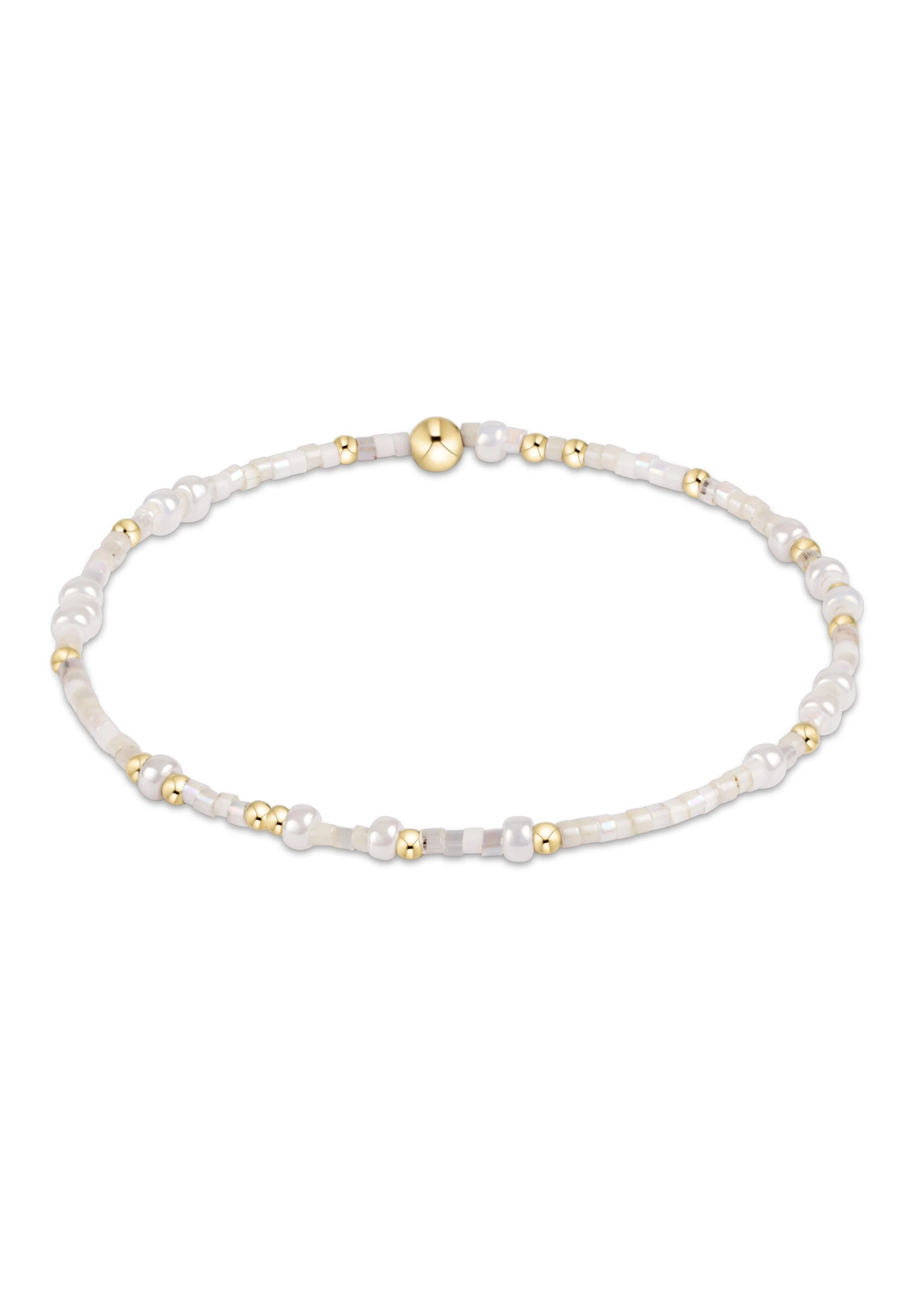 White and gold beaded bracelet on a white background